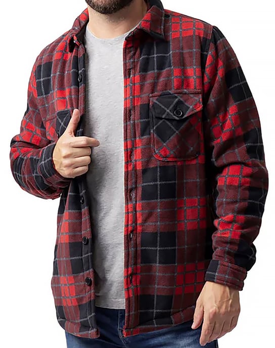 Men's Quilted Plaid Winter Jacket | Heat Holders | Long Sleeve Plaid Shirt | Checkered Pattern - Crimson / Black - Image 2
