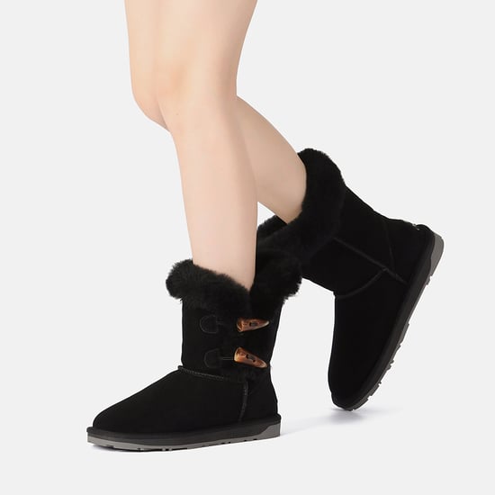 EVER AU Women Stork Horn Toggle button Short Boots - Black