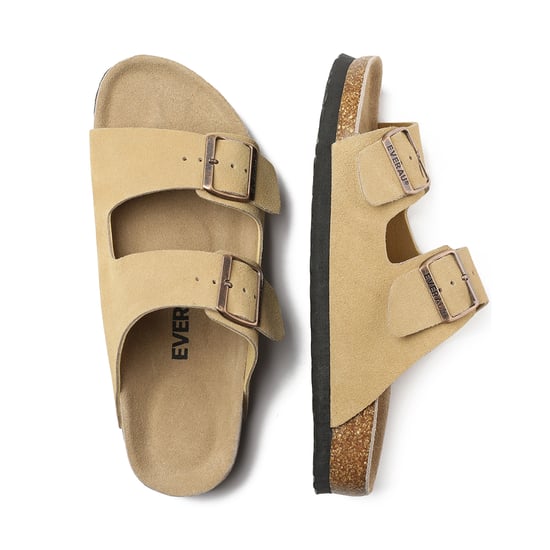 EVER AU Women Mallard Leather Twin Buckle Sandals - Camel Suede