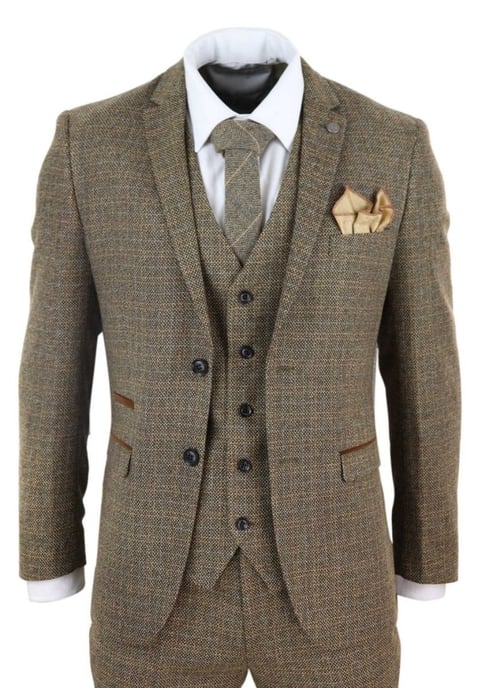 Mens 3 Piece Brown Tweed Check Vintage Retro Suit - Image 1
