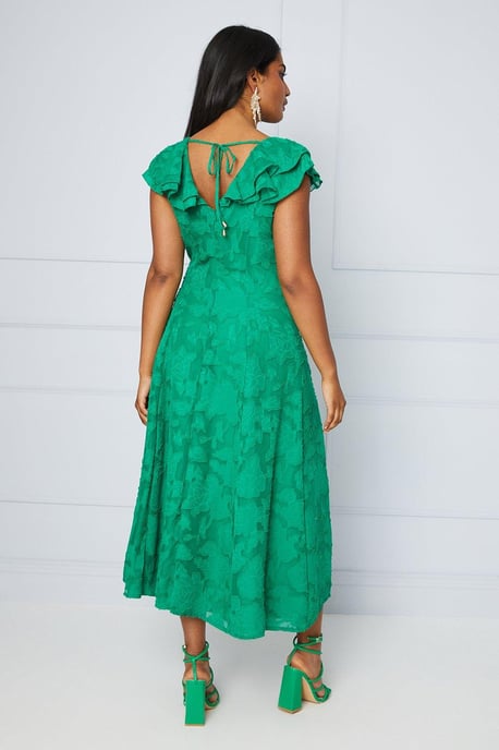Jacquard Ruffle Sleeve Midi Dress