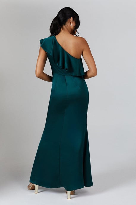 Ruffle Detail One Shoulder Satin Bridemaids Dress