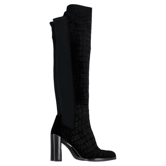Stuart Weitzman Crocodile-Embossed Knee-High Heeled Boots in Black Velvet - Image 1