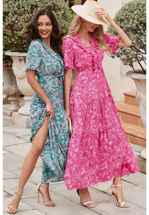 Dam Boho Paisley Print Ruffle Tiered Maxiklänning i Rosa - Image 5