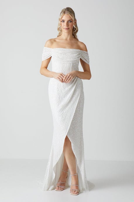 Draped Bardot Cap Sleeve Wrap Skirt Wedding Dress - Image 1