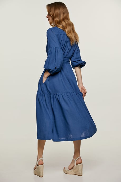 Linen Style Blue Dress with Pockets