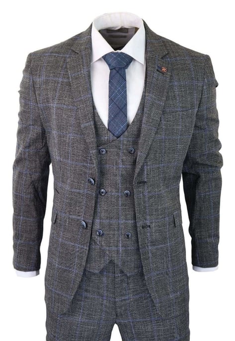 Heren 3-delig grijs met blauw geruit tweed vintage klassiek pak - Image 1