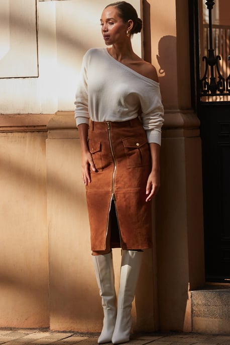 Tan Suede Zip Front Pocket Detail Pencil Skirt