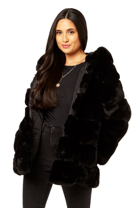 Horizontal Cut Fur Hooded Jacket