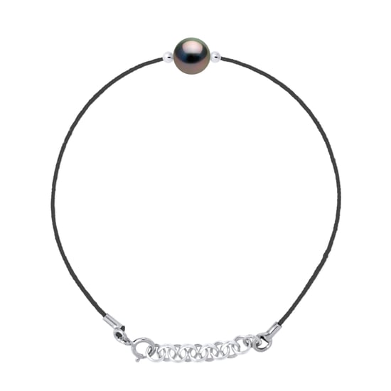Bracelet Love Links in Twisted Nylon of Black Color adorned with a Real Cultured Tahiti Pearl Round 8-9 mm