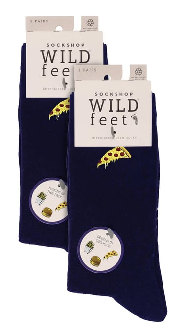 6 Pack Ladies Black Novelty Socks | Wildfeet | Cute Embroidered Socks in Cotton - Fast Food - Image 2