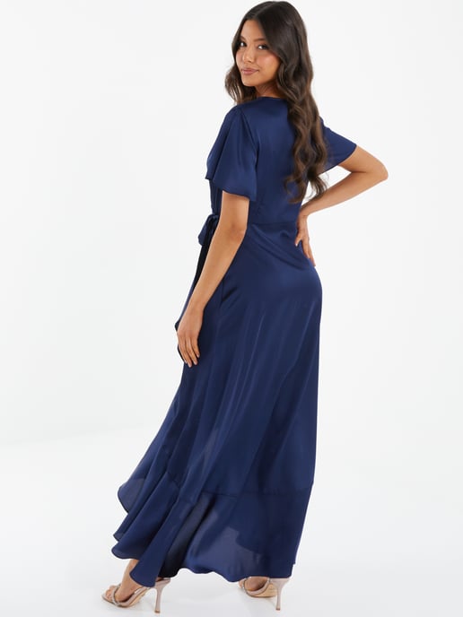 Navy Satin Wrap Maxi Dress