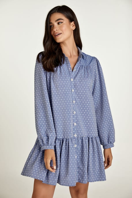 Denim Stil Broderad Klänning med Knappar - Image 1
