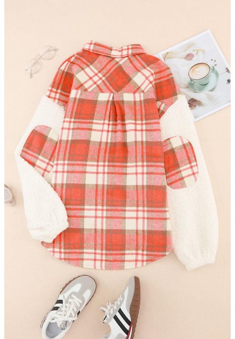 Women's Sherpa Sleeve Plaid Print Shacket in Red - Image 4