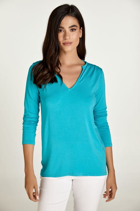 Turquoise Jersey V Neck Top