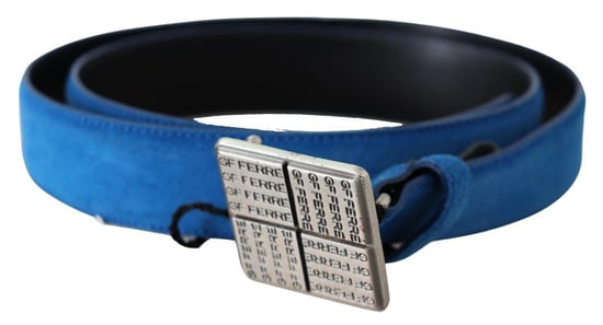 GF Ferre Women's Blue Leather Silver Square Logo Buckle Waist Belt - Image 1