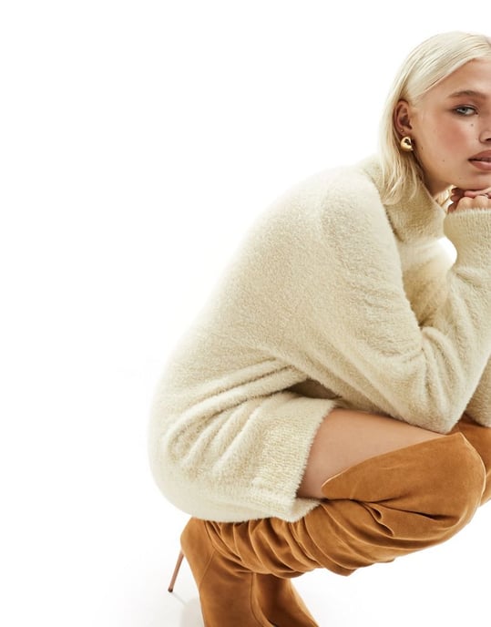 ASOS DESIGN knitted mini dress in cosy yarn with high neck in stone-Neutral