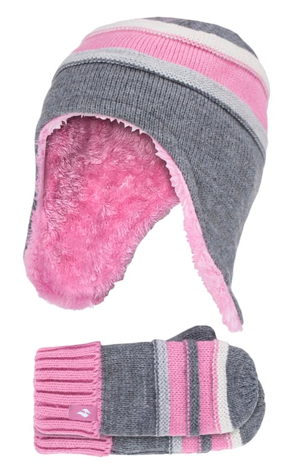 Heat Holders - Girls Winter Warm Pom Pom Bobble Beanie Hat and Mittens Set - Pebble Grey - Image 1