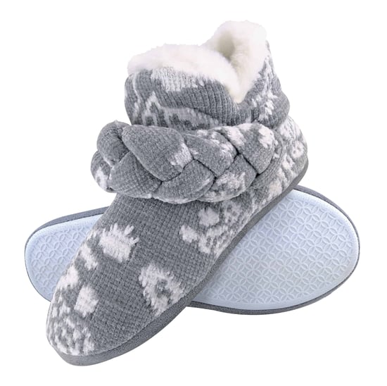 Dunlop - Dames Gebreide Warme Fleece Pluche Slippers Boots/Bootees in Grijs Fairisle en Roze Koord Stijlen - Image 1