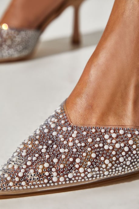 Wide Fit Tilly Diamante And Pearl Sling Back Pointed Court Shoes