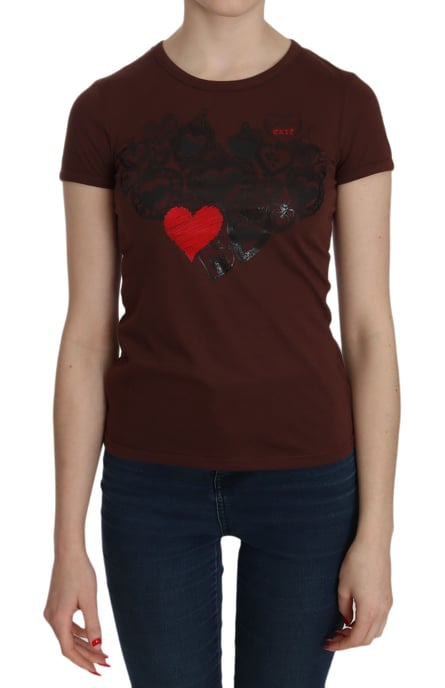 Exte Women's Brown Heart Print Crew Neck T-shirt Short Sleeve Blouse