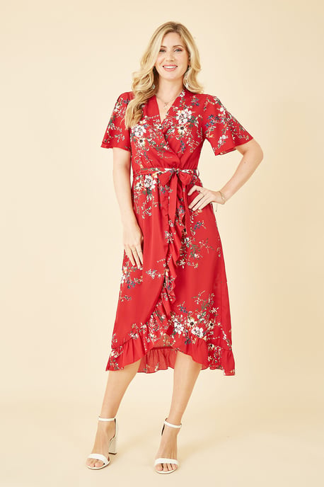 Red  Floral Dip Hem Wrap Midi Dress