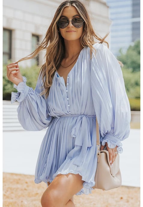 Women's Pleated Ruffled Tie Waist Romper in Sky Blue - Image 5