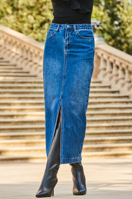 Mid Blue Longline Denim Midi Skirt