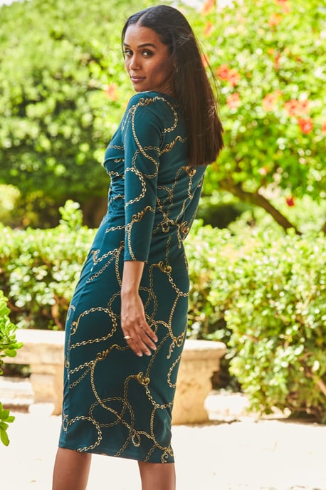 Green & Gold Chain Print Knot Front Midi Jersey Dress