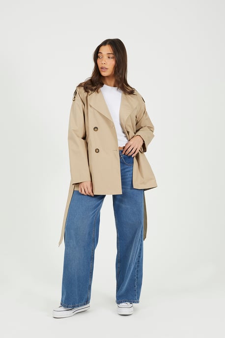 Stone Double Breasted Short Mac With Self Tie Belt