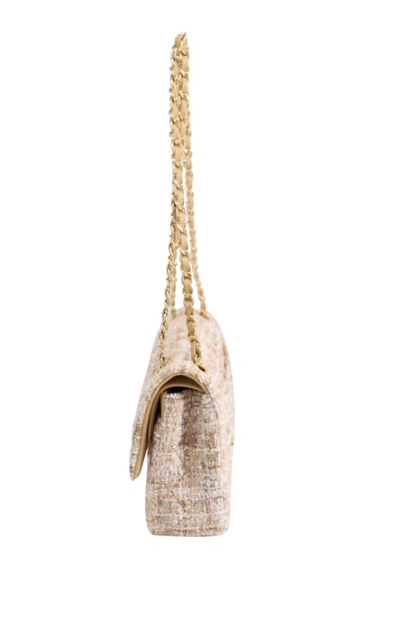 Chanel Classic Flap Shoulder Bag with Gold Tone Metal  in Pastel Pink Tweed and Leather