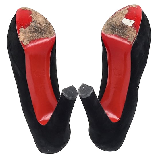 Christian Louboutin Round Toe Chunky Heel Platform Pumps in Black Suede - Image 6