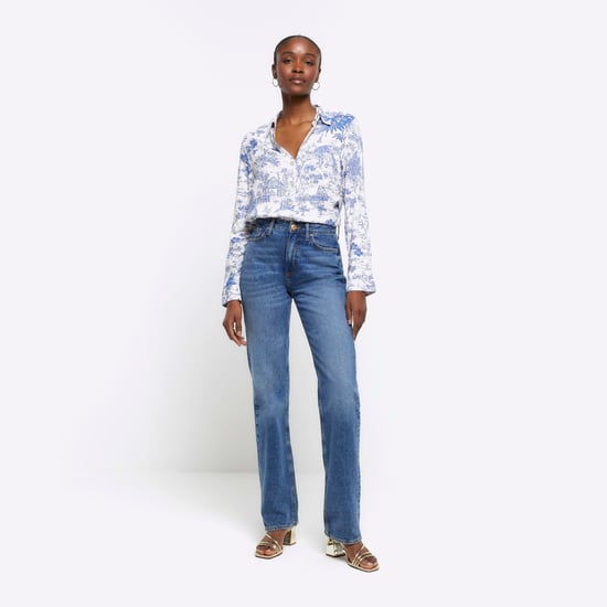 River Island Womens Shirt Blue Floral Long Sleeve