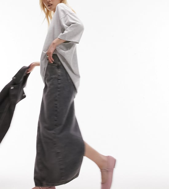 Topshop Petite denim column maxi skirt in dark grey - Image 1