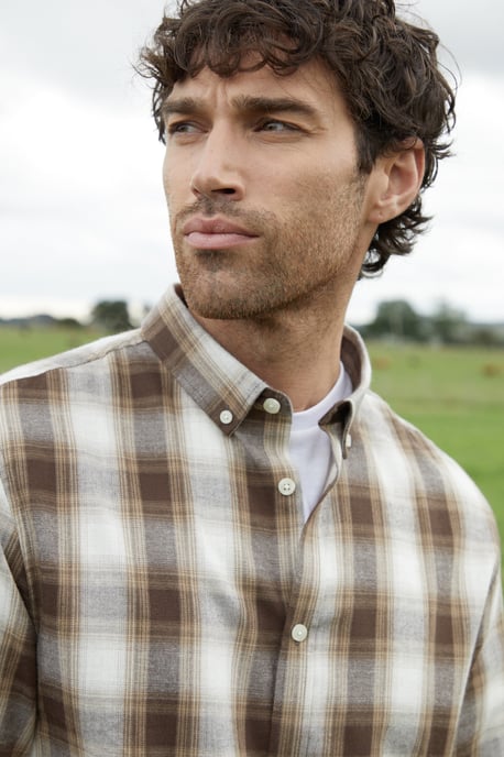 Chocolate 'Flannel' Brushed Cotton Long Sleeve Check Shirt
