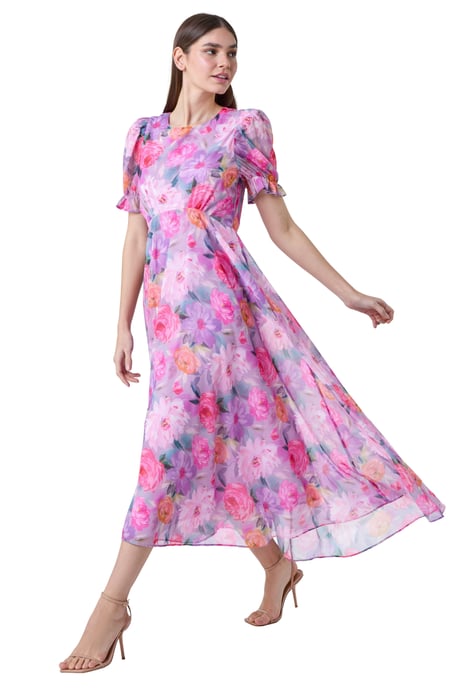 Floral Print Puff Sleeve Chiffon Midi Dress