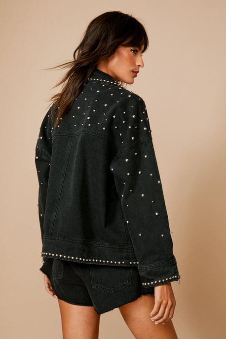 Premium Embellished Studded Denim Biker Jacket - Image 4