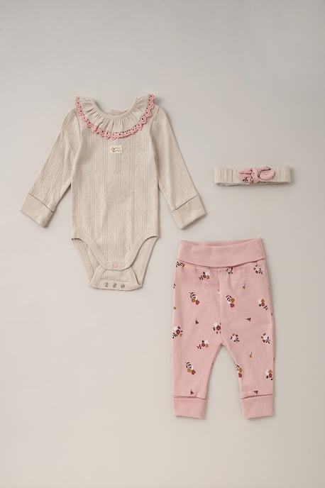 Pink Cotton Bodysuit, Trouser and Headband 3-Piece Set