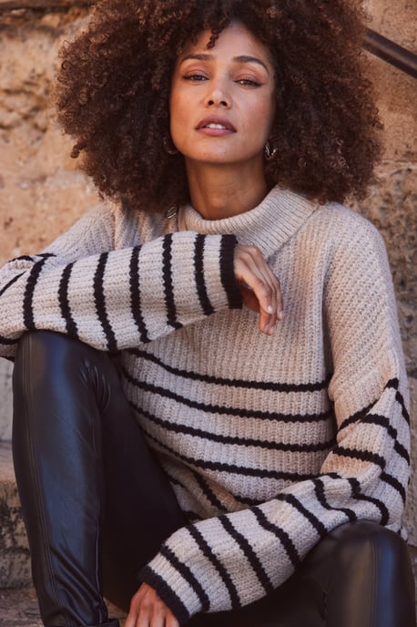 Taupe & Black Stripe Zip Neck Jumper
