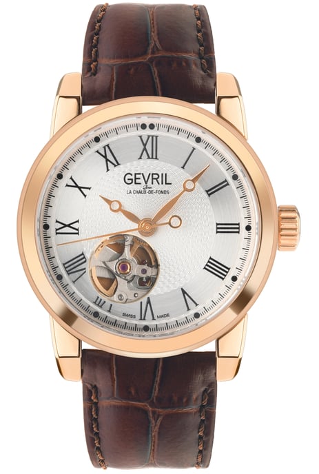 Gevril Men's Madison Swiss Automatic IPRG Silver Dial Brown Leather Watch - Image 1