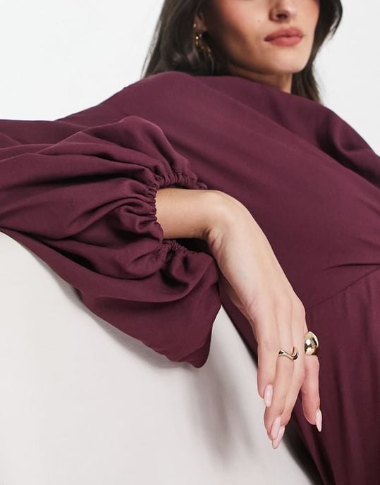 ASOS DESIGN off shoulder drape mini dress with balloon sleeve in wine-Red