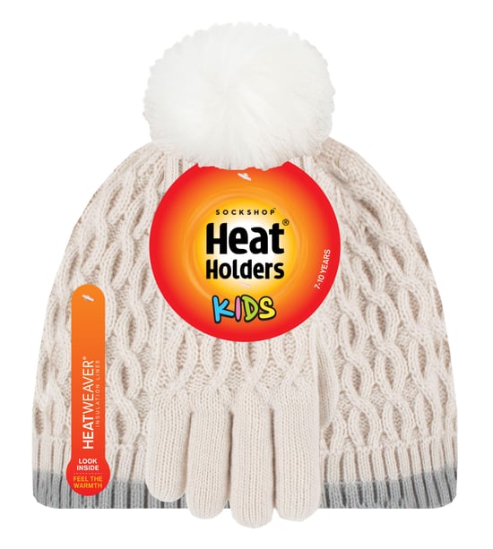 Heat Holders - Girls Thermal Insulated Pom Pom Bobble Beanie Hat and Gloves | Colourful Pastel Styles - Buttercream - Image 2