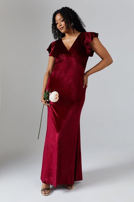 V Neck Ruffle Sleeve Velvet Bridesmaids Dress
