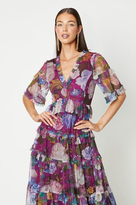 Printed Mesh Ruffle Midi Dress
