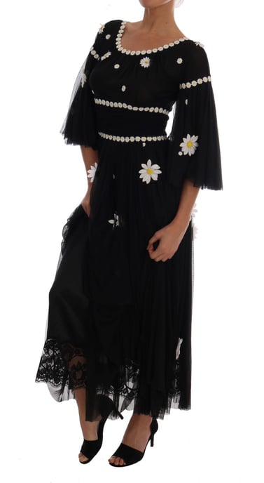 Dolce & Gabbana Svart Silke Prickad Broderad Klänning - Image 4