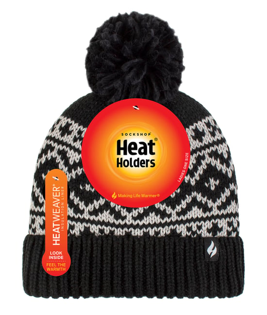 Ladies Patterned Turnover Bobble Hat | Heat Holders | Chunky Cable Knit with Heatweaver Fleece Lining | Billingen Style - Black - Image 2