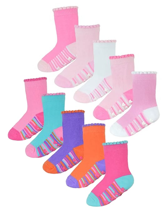 Non Slip Baby Girl Heel and Toe Socks | 10 Pair Multipack | Cute and Soft Toddler Socks with Grips - Style 2 - Image 1