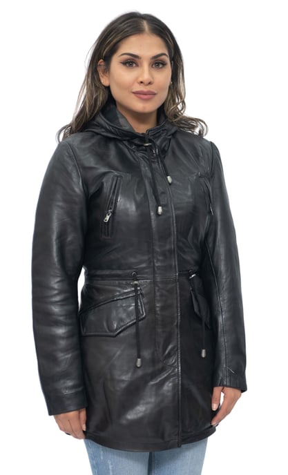 Womens Leather Hooded Parka Jacket-Bucharest