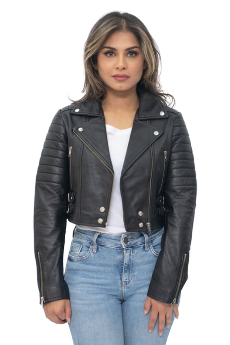 Womens Cropped Brando Leather Biker Jacket-Damascus