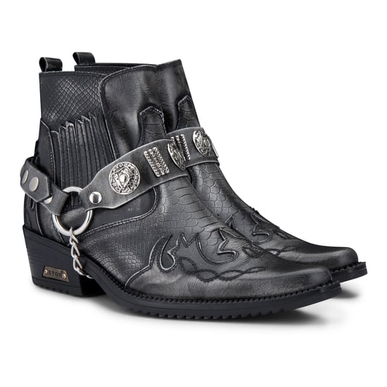 Mens Grey Snakeskin Winklepicker Cowboy Leather Ankle Boots